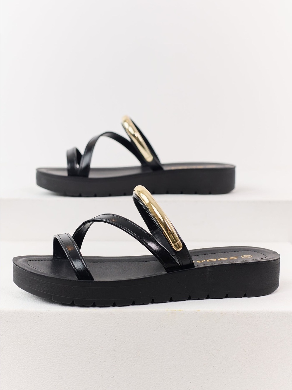 Soda Black Slide Sandals with Gold Accent